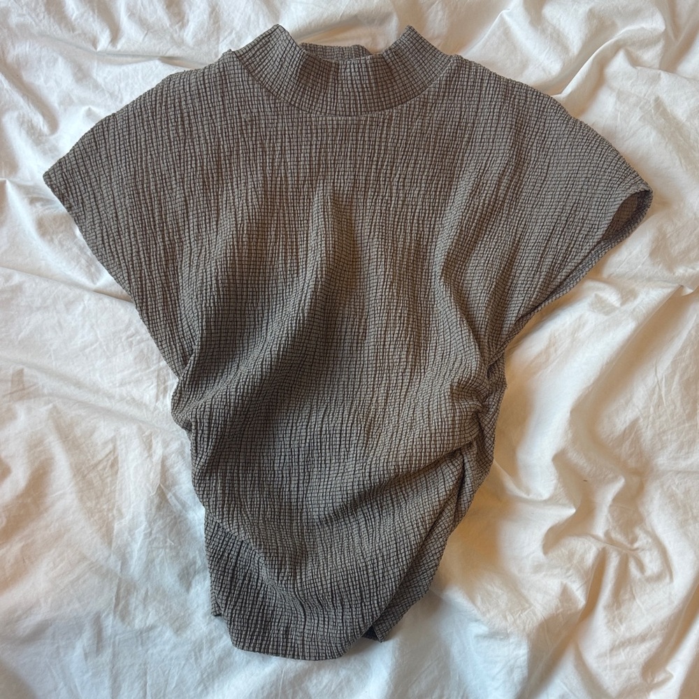 Zara Taupe Textured Short-Sleeve Mock Neck Top